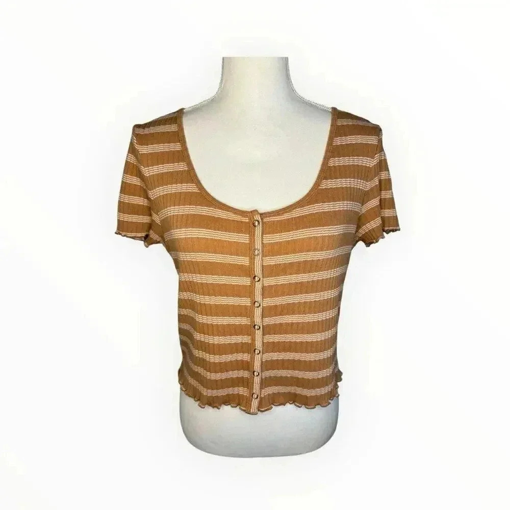 American Eagle Outfitters Size Large Brown & White Striped Button Front Crop Top